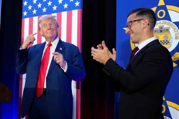 Republican presidential nominee former President Donald Trump arrives to speak to the National Fraternal Order of Police fall meeting, Friday, Sept. 6, 2024, in Charlotte, N.C.